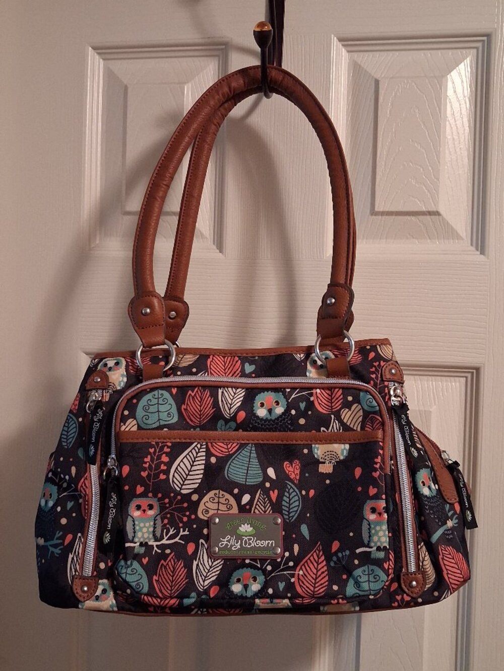 Green Living Eco Lily Bloom Owl Birds & Leaf Shoulder Bag Purse EUC Recycle